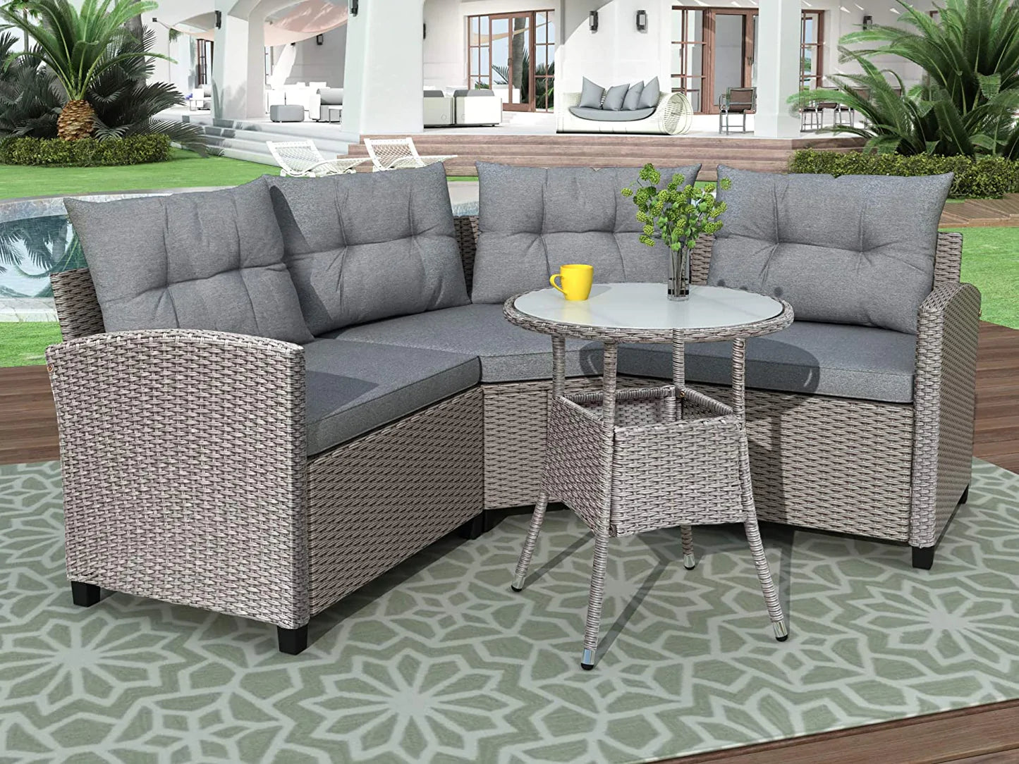 4 Piece Resin Outdoor Sectional Conversation Set with Round Table, Soft Gray Cushions