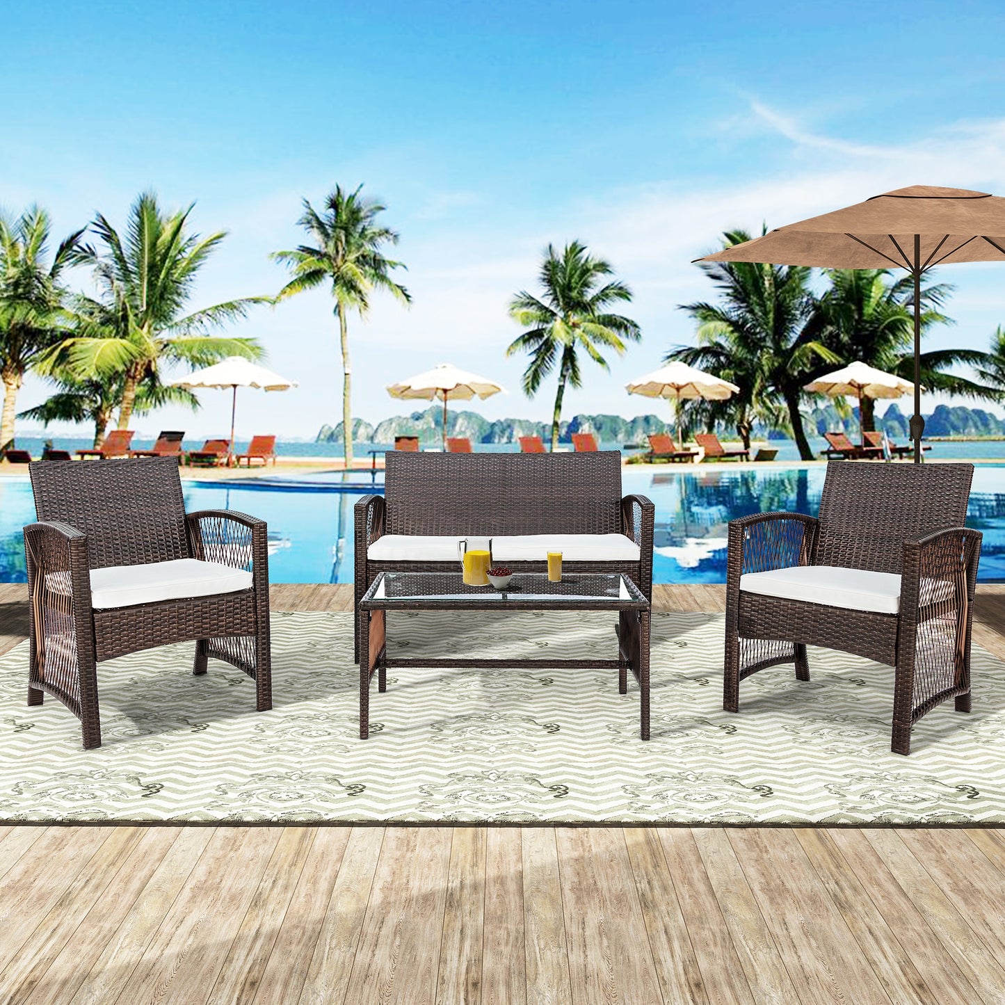 Outdoor Patio Furniture Set 3 Rattan Chair Sofa 1 Coffee Table for Garden Backyard Porch Poolside