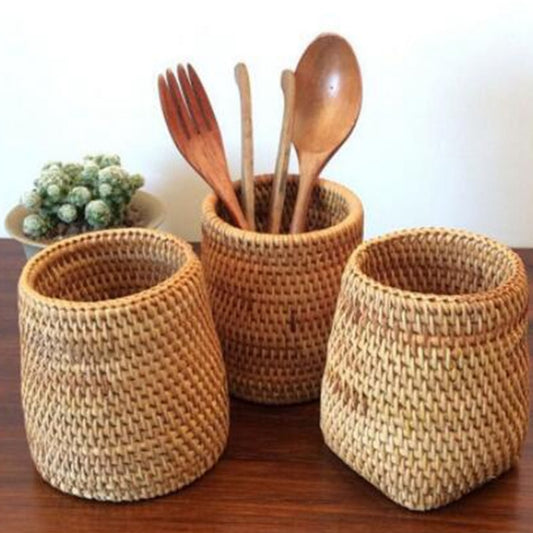 Pencil Holder Rattan Bucket Dinner Knives Forks Tableware Storage Office Baskets Desk Organizer