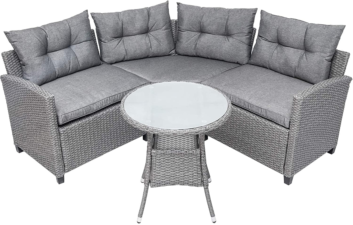 4 Piece Resin Outdoor Sectional Conversation Set with Round Table, Soft Gray Cushions