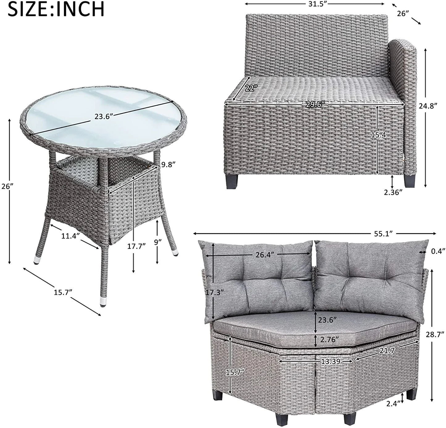 4 Piece Resin Outdoor Sectional Conversation Set with Round Table, Soft Gray Cushions