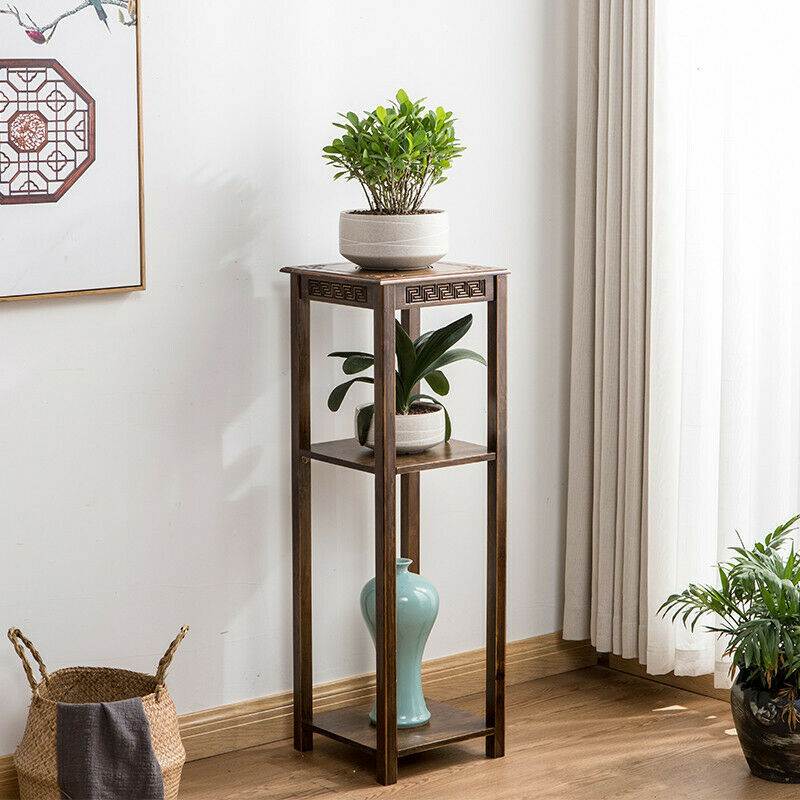 Antique Bamboo Plant Rack Flower Pot Stand Vase Display End Table for Sofa Side Living Room