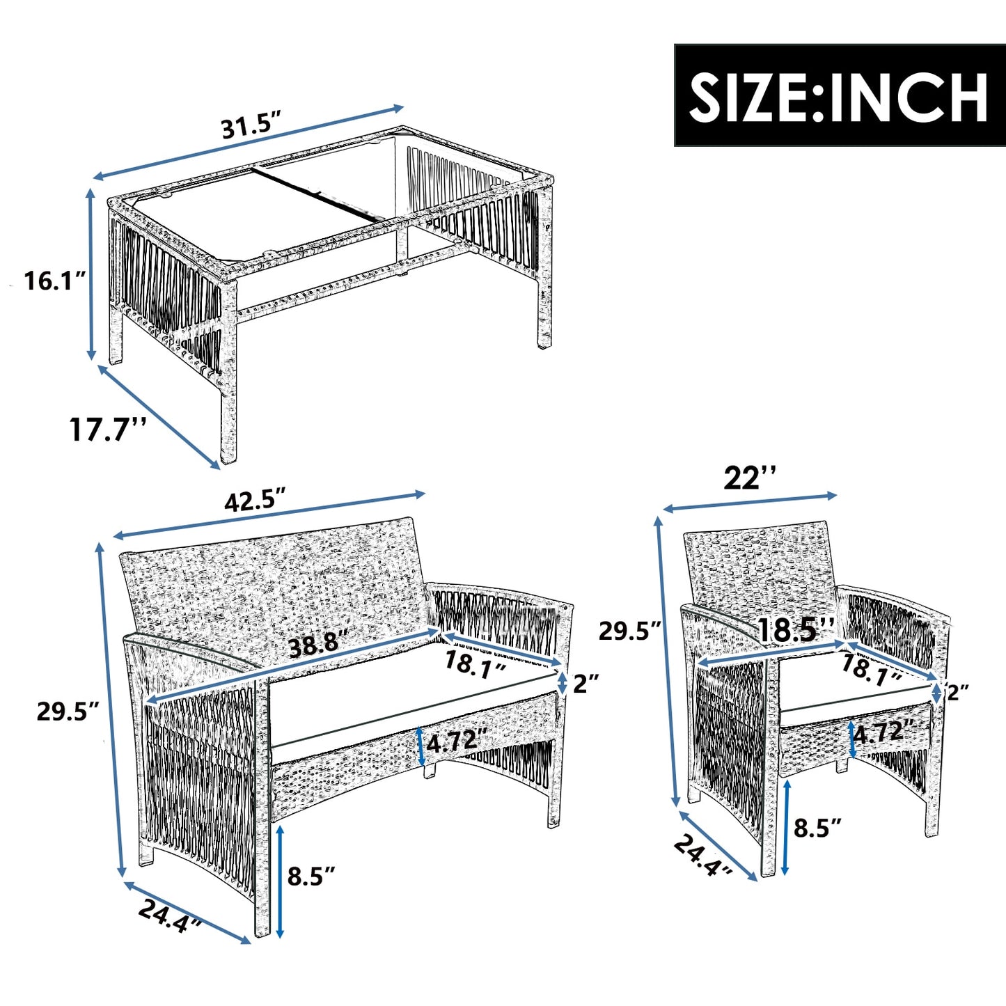 Outdoor Patio Furniture Set 3 Rattan Chair Sofa 1 Coffee Table for Garden Backyard Porch Poolside