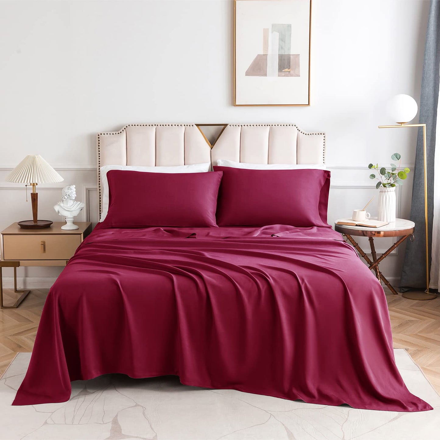 Sheets Set Queen Size Bamboo Flat Fitted Pillow Cases 4Pcs Bed Linens Solid Print Bedding Sets