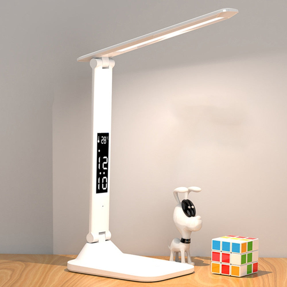 LED Table Lamp USB Rechargeable Dimmable Desk Lamp with Calendar Clock Night Light