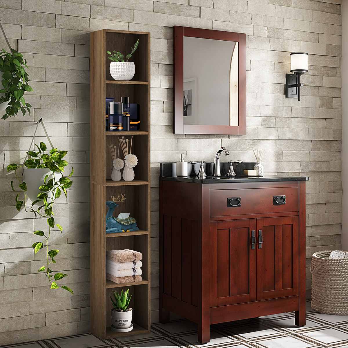 6-Shelf Wooden Bookcase Highland Oak Finish Wooden Book Cabinet Bathroom Storage