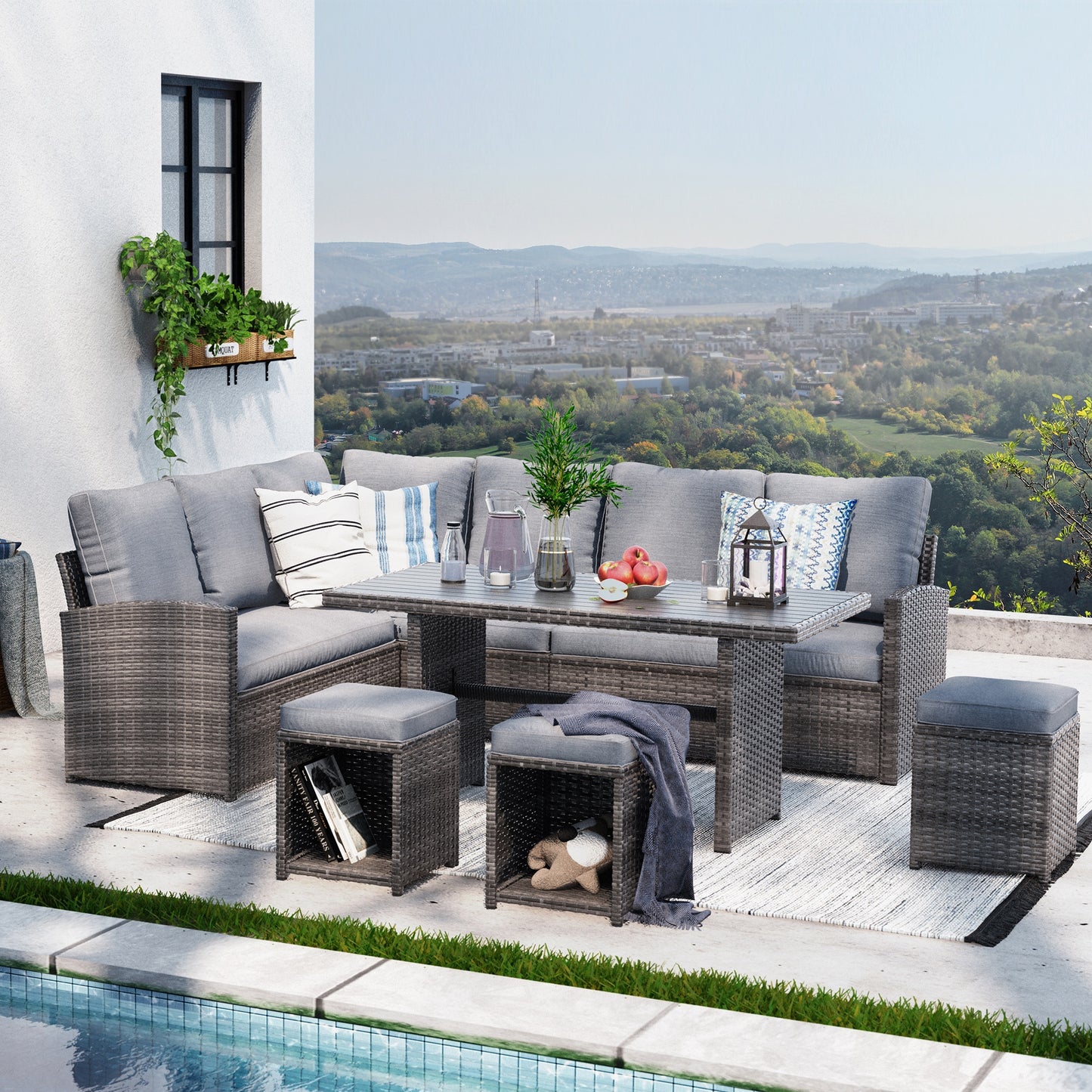 JARDINA Outdoor Patio Furniture Sofa Set Wicker Rattan Couch Dining Table Chair with Ottoman