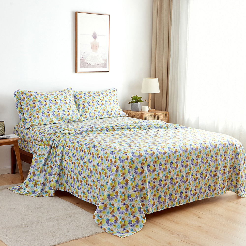 King Size Sheets Set Fitted Flat Sheets Pillowcase Sets 4Pcs Floral Print Linens