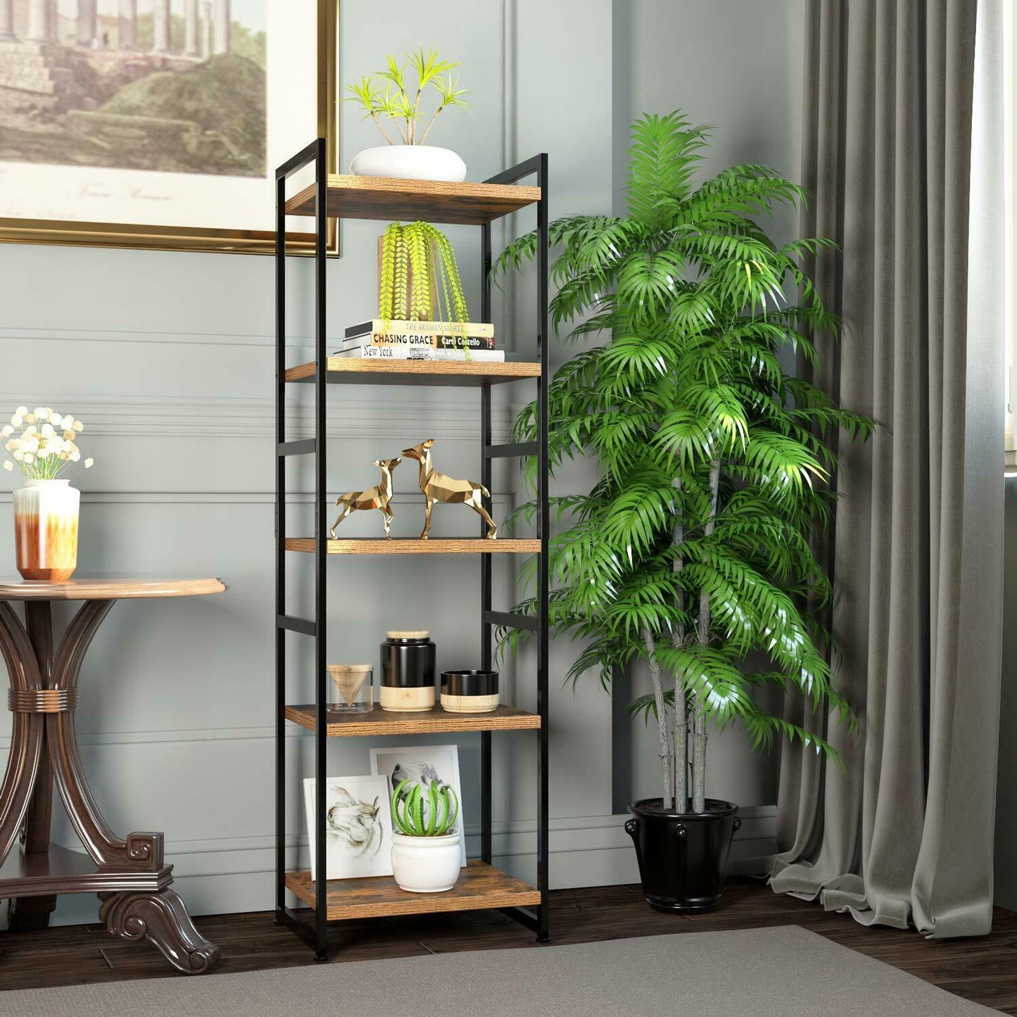 5 Tier Shelving Unit Wood Shelves and Metal Frame Home Industrial Bookshelf