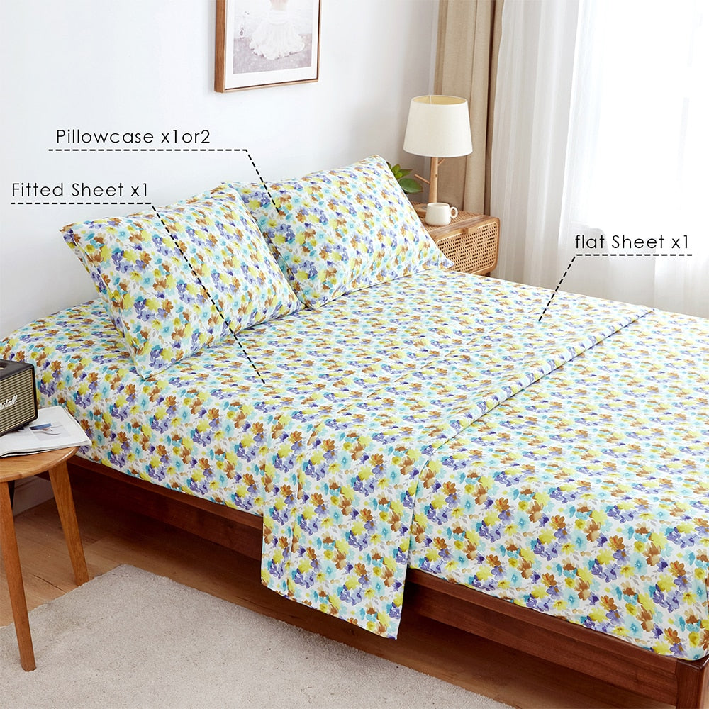 King Size Sheets Set Fitted Flat Sheets Pillowcase Sets 4Pcs Floral Print Linens