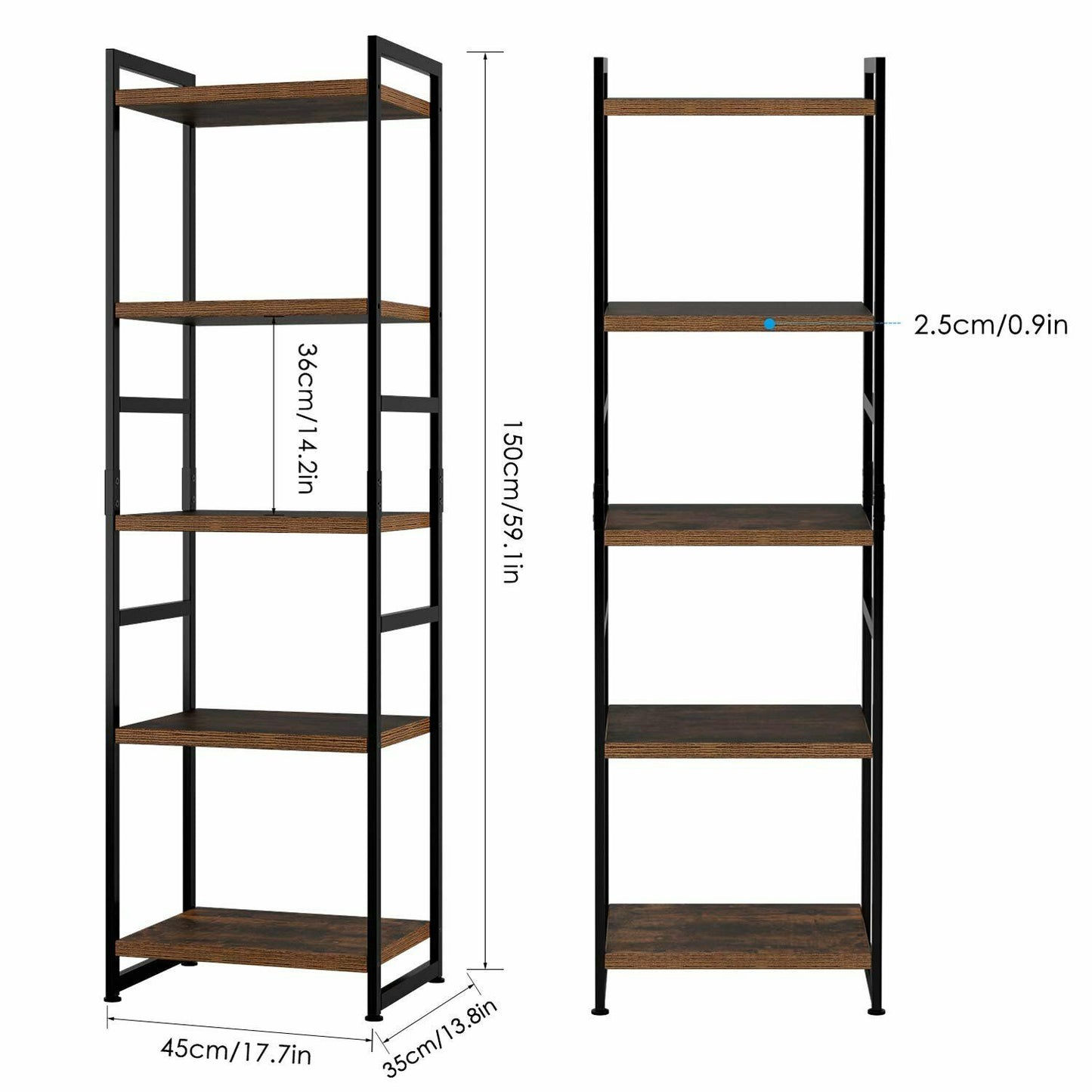 5 Tier Shelving Unit Wood Shelves and Metal Frame Home Industrial Bookshelf