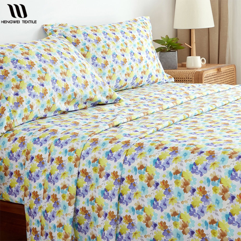 King Size Sheets Set Fitted Flat Sheets Pillowcase Sets 4Pcs Floral Print Linens