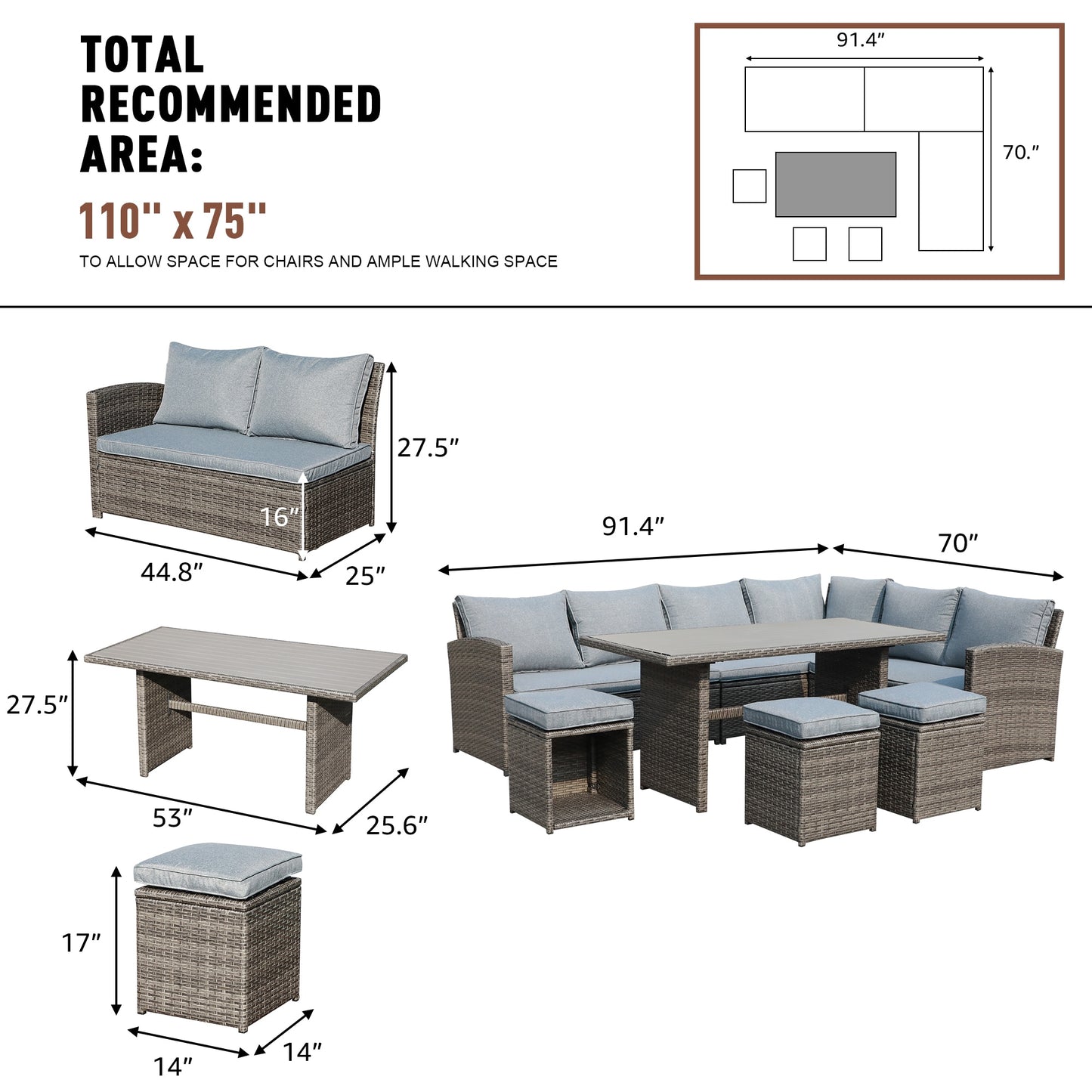 JARDINA Outdoor Patio Furniture Sofa Set Wicker Rattan Couch Dining Table Chair with Ottoman