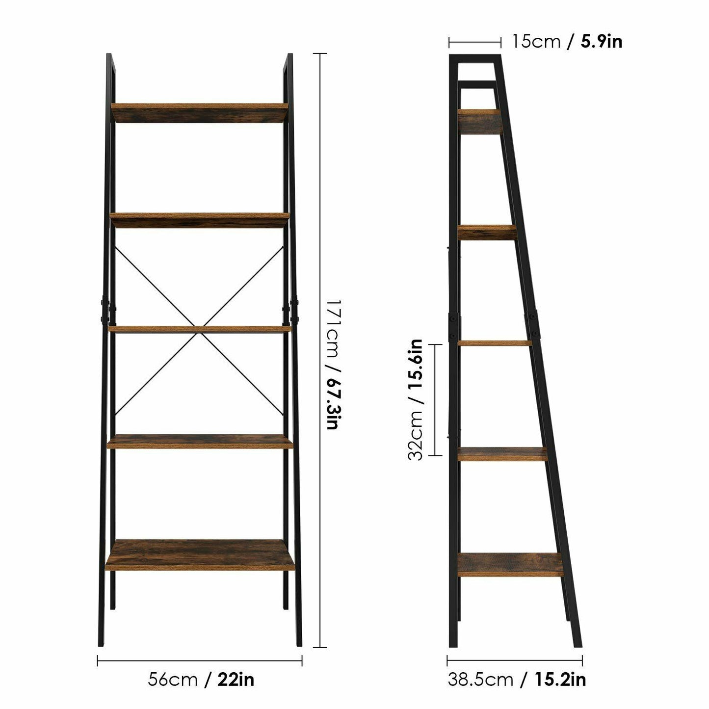 Homfa Industrial Bookcase with 5 Shelves for Living Room Bedroom Storage