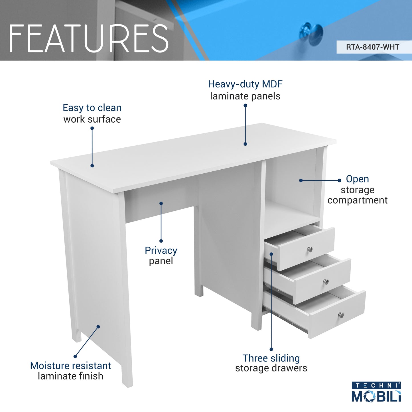 Contemporary Desk with 3 Storage Drawers Made of Durable Manufactured Wood provide White