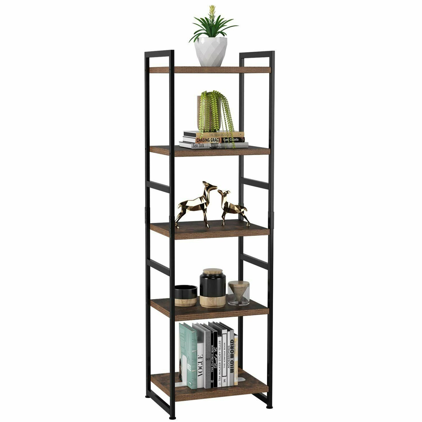 5 Tier Shelving Unit Wood Shelves and Metal Frame Home Industrial Bookshelf