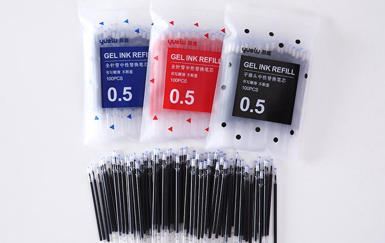 100 pcs/set 0.5mm Gel Pen Refills Red Blue Black Ink Pen Replacement School Office Supplies