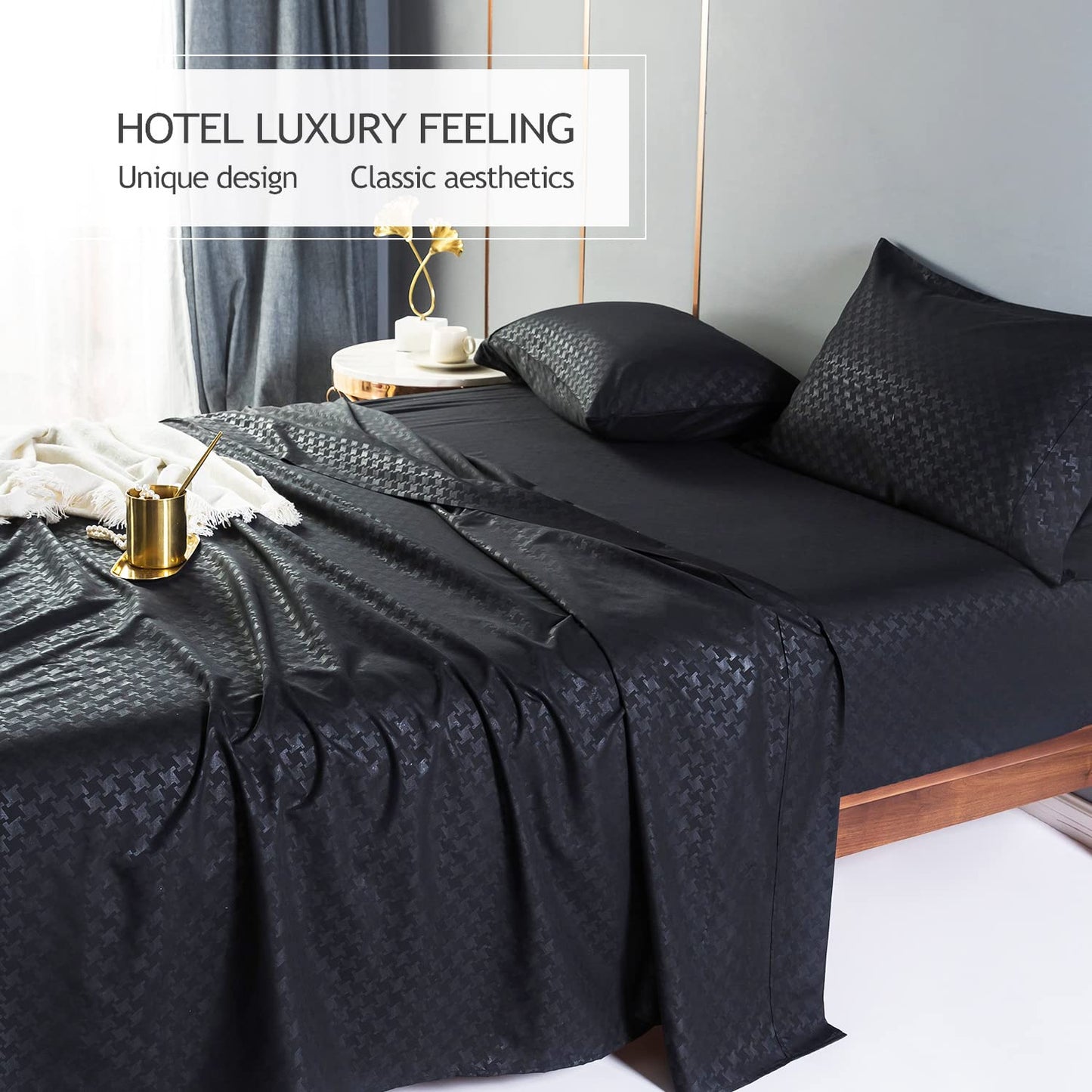 Bed Sheet Sets Twin Full Queen King Size Flat Fitted Sheet Pillow Case Black Embossing Linens