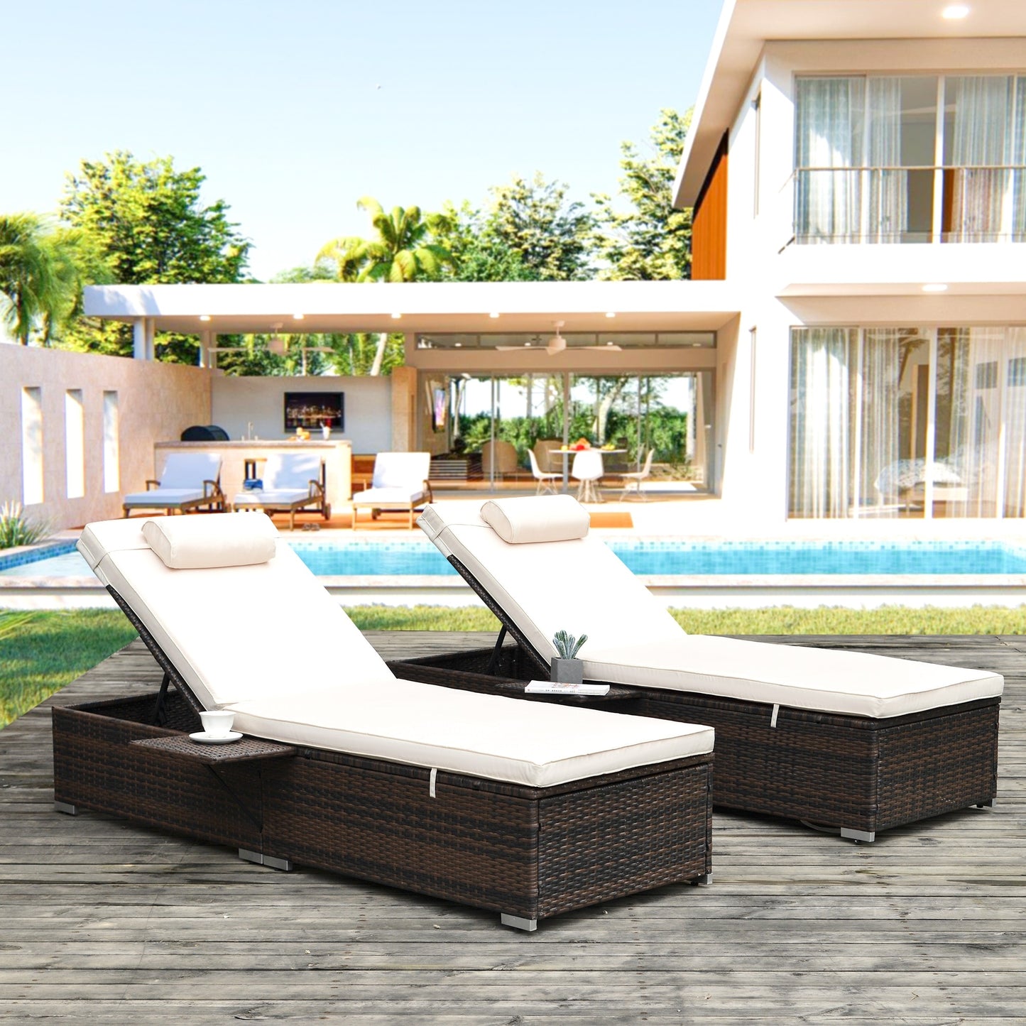 Furniture Outdoor Wicker Chaise Lounge 2 Piece Patio Brown Rattan Reclining Chair Pool Set