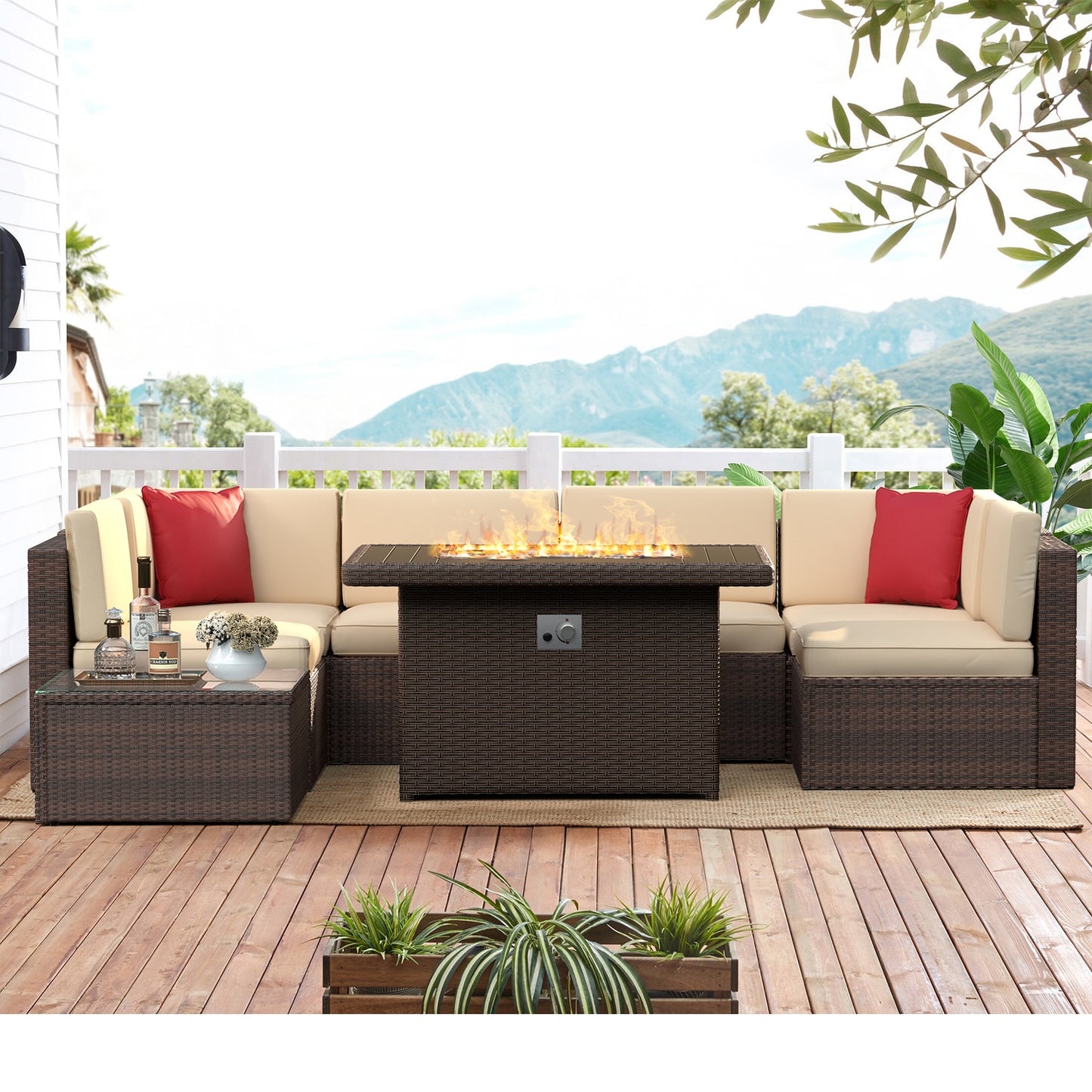 Patio Furniture Outdoor Sectional Sofa With Fire Pit Coffee Table Rattan Outdoor Garden Furniture