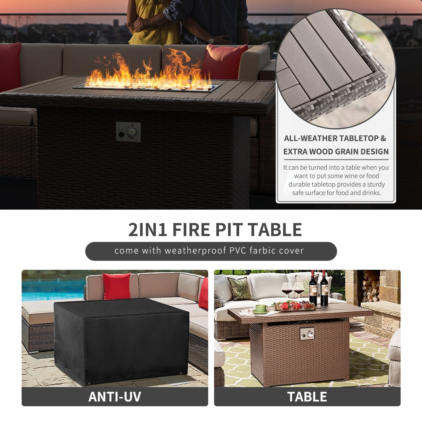 Patio Furniture Outdoor Sectional Sofa With Fire Pit Coffee Table Rattan Outdoor Garden Furniture