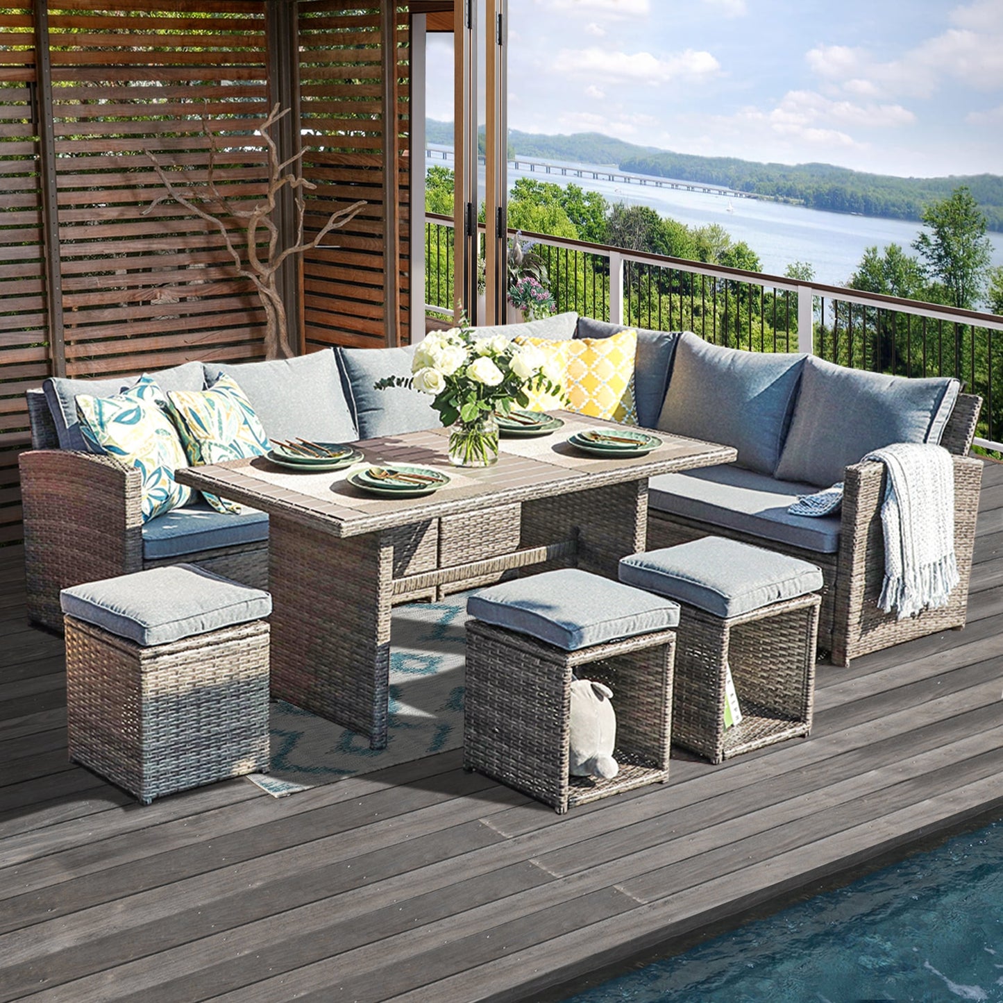 JARDINA Outdoor Patio Furniture Sofa Set Wicker Rattan Couch Dining Table Chair with Ottoman