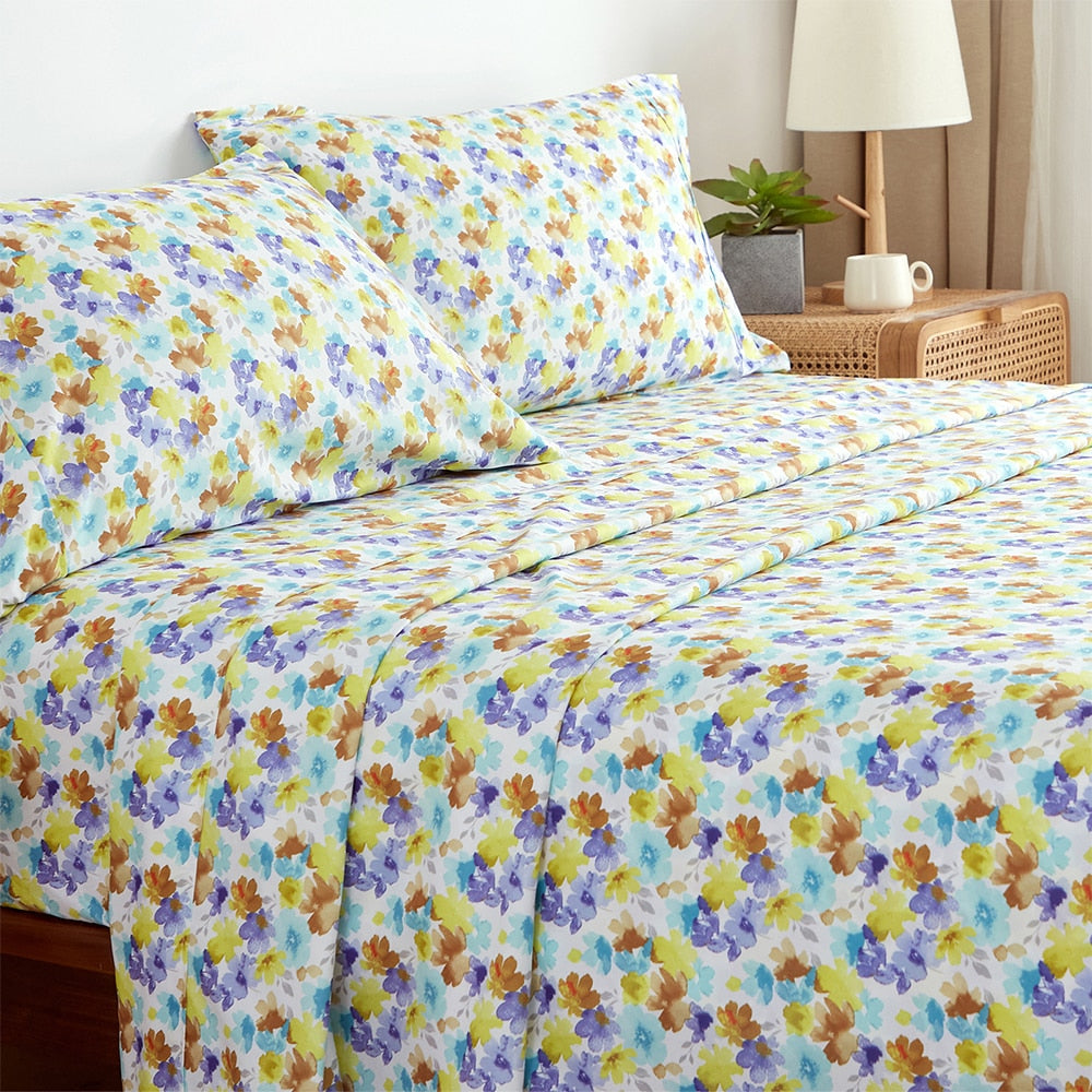 King Size Sheets Set Fitted Flat Sheets Pillowcase Sets 4Pcs Floral Print Linens