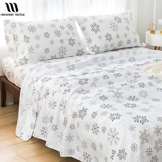 King Size Sheets Set Fitted Flat Sheets Pillowcase Sets 4Pcs Snowflake Print Linens